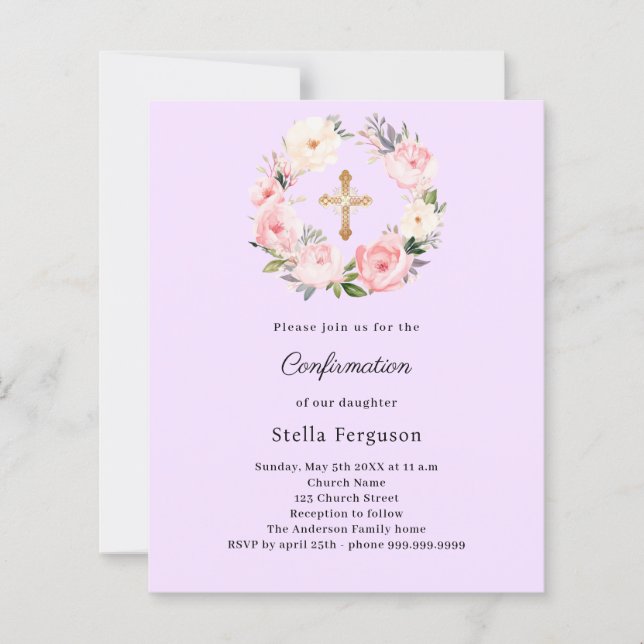 Lavender florals cross Confirmation invitation (Voorkant)
