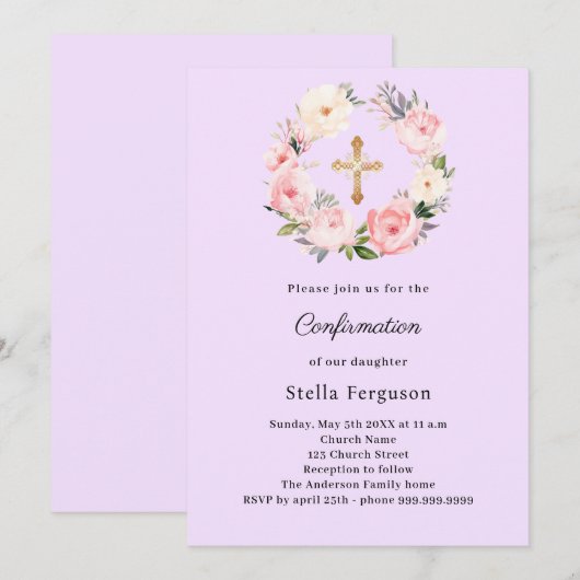 Lavender florals cross Confirmation Kaart (Voorkant / Achterkant)