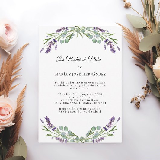 Lavender Florals Invitación Bodas de Plata Kaart