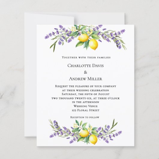 Lavender florals lemons wedding invitation (Voorkant)