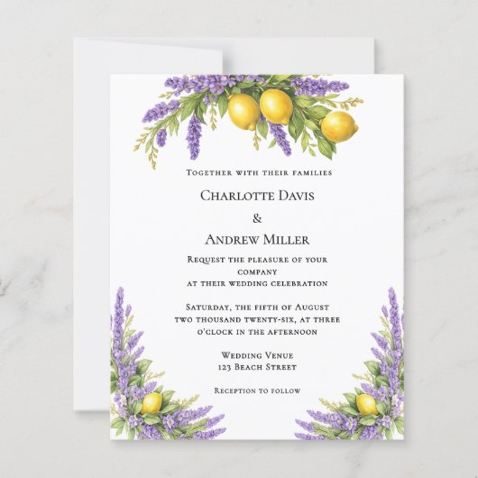 Lavender florals lemons wedding invitation (Voorkant)