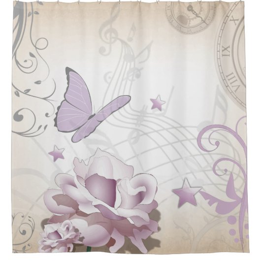 Lavender  Flower, Butterfly, Music, Clocks, Clocks Douchegordijn (Voorkant)