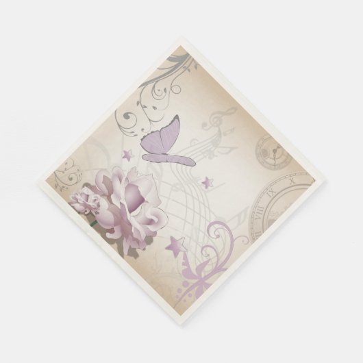 Lavender  Flower, Butterfly, Music, Clocks, Clocks Servetten (Hoek)