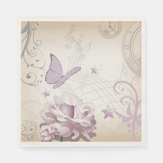 Lavender  Flower, Butterfly, Music, Clocks, Clocks Servetten (Voorkant)