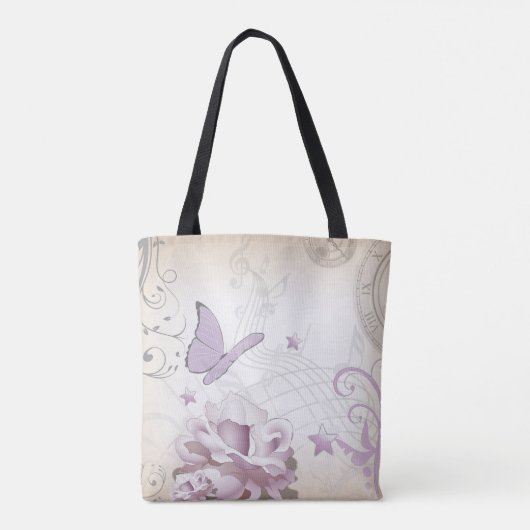 Lavender  Flower, Butterfly, Music, Clocks, Clocks Tote Bag (Achterkant)