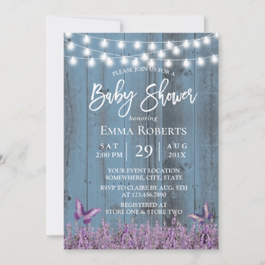 Lavender Flowers Butterfly Dusty Blue Baby shower Kaart (Voorkant)