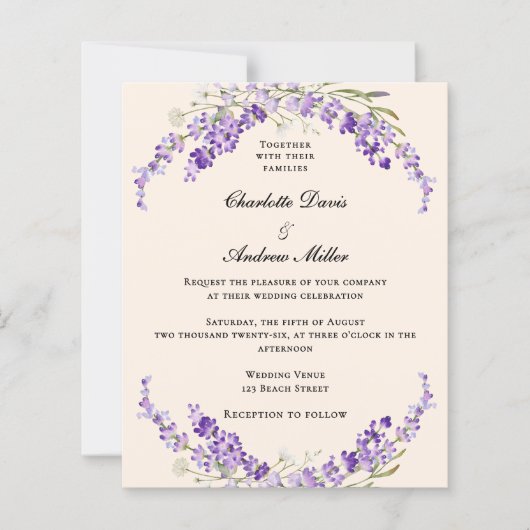 Lavender flowers champage cream wedding invitation (Voorkant)