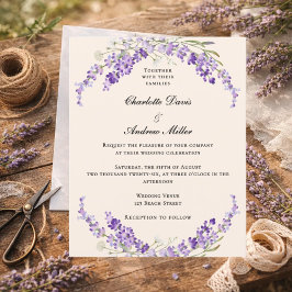 Lavender flowers champage cream wedding invitation