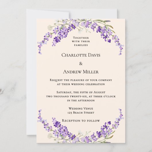 Lavender flowers champage cream wedding kaart (Voorkant)