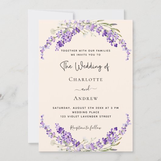 Lavender flowers champage cream wedding kaart (Voorkant)