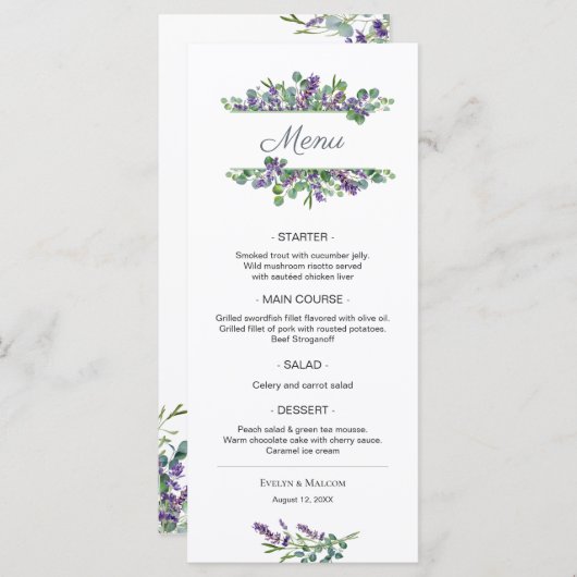Lavender Flowers Eucalyptus Foliage Weddenschap Me Menu (Voorkant / Achterkant)