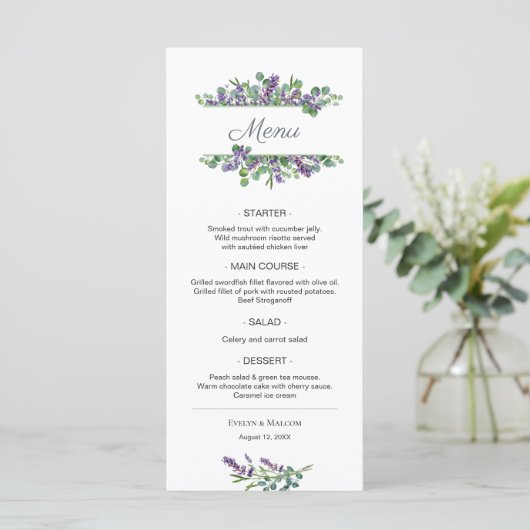 Lavender Flowers Eucalyptus Foliage Weddenschap Me Menu (Staand voorkant)