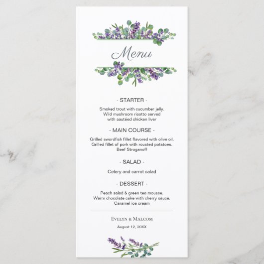 Lavender Flowers Eucalyptus Foliage Weddenschap Me Menu (Voorkant)