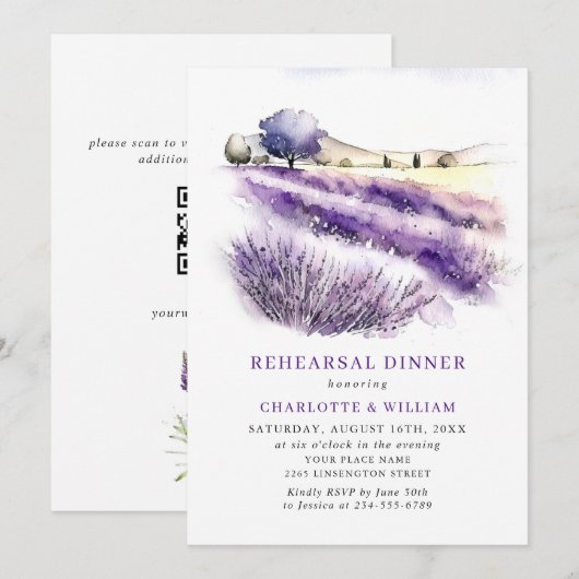 Lavender Flowers Field Rehearings Dinner QR code Kaart (Voorkant / Achterkant)