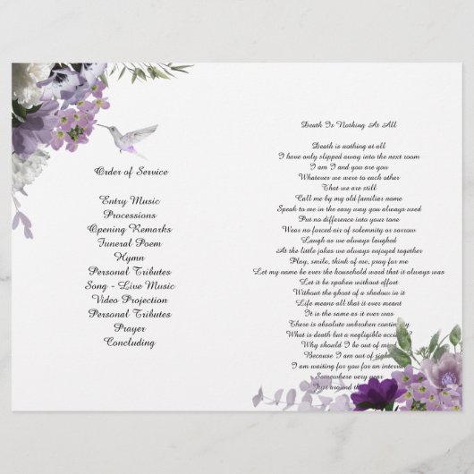 Lavender Flowers Hummingbird Funeral Programme Flyer (Achterkant)
