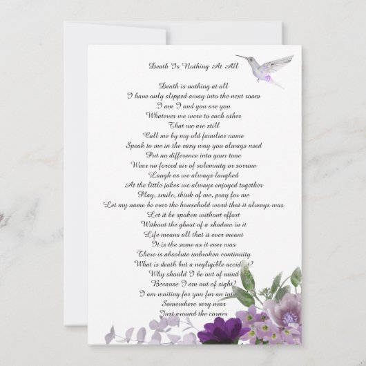 Lavender Flowers Hummingbird Invitation Kaart (Achterkant)
