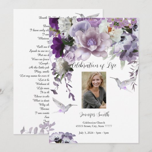 Lavender Flowers Hummingbird Invitation Kaart (Voorkant / Achterkant)