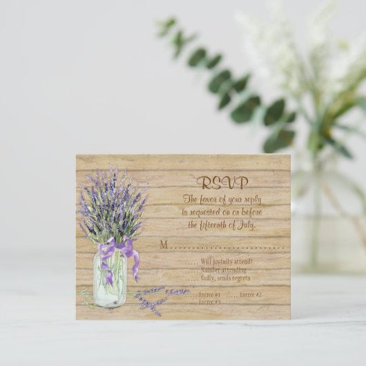 Lavender Flowers Mason Jar Waterverf Rustic Wood RSVP Kaartje (Staand voorkant)