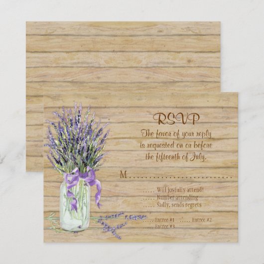 Lavender Flowers Mason Jar Waterverf Rustic Wood RSVP Kaartje (Voorkant / Achterkant)