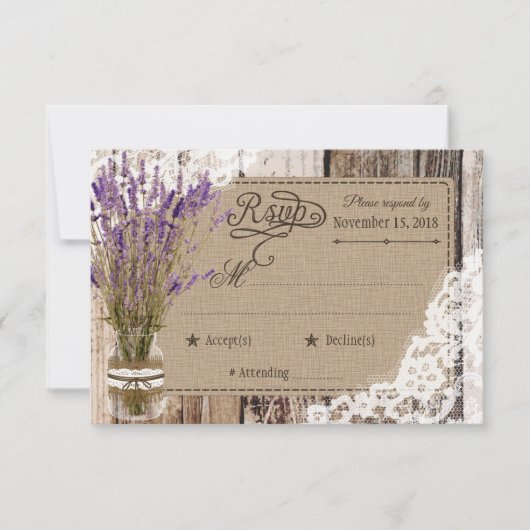 Lavender Flowers Wood Lace Rustic RSVP-kaart RSVP Kaartje (Voorkant)