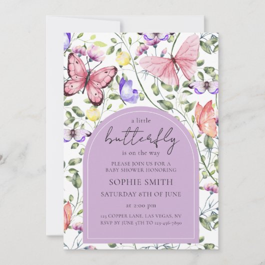 Lavender Fluttering Butterfly Greenery Baby Shower Kaart (Voorkant)
