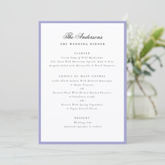 Lavender Frame Calligraphy Name Wedding Dinner Menu (Staand voorkant)