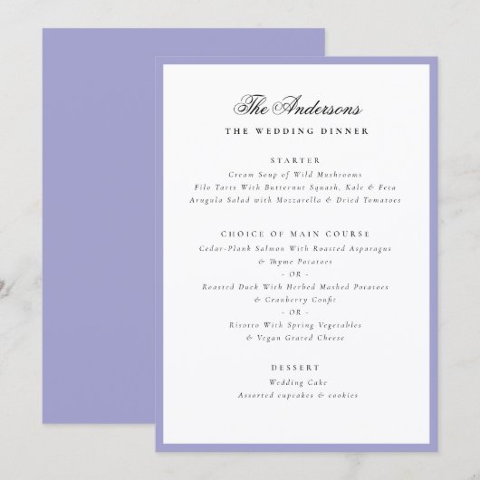Lavender Frame Calligraphy Name Wedding Dinner Menu (Voorkant / Achterkant)