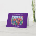 Lavender Garden of Love Birthday for My Wife Kaart<br><div class="desc">Levendige kleuren uit een "Garden of Love" wensen je vrouw een geliefde en gelukkige verjaardag. Het prachtige ontwerp met een helder paars lijst werd gemaakt van mijn originele waterverf schilderij van abstracte papavers, lavendel en lilacs. De boodschap binnenin met een mooi vers zal worden gewaardeerd door de speciale vrouw in...</div>