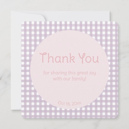 Lavender Gingham 1st Birthday Bedankkaart (Achterkant)