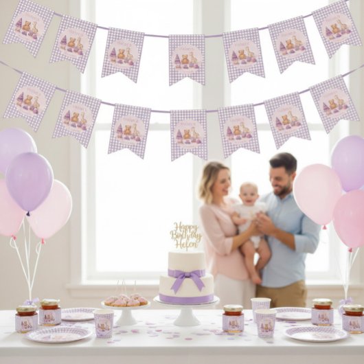 Lavender Gingham 1st Birthday Bunting Flags Vlaggetjes