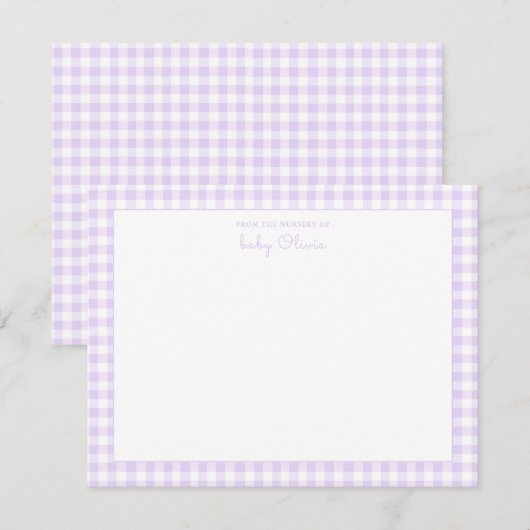 Lavender Gingham check Baby Girl Flat Dank u Bedankkaart (Voorkant / Achterkant)