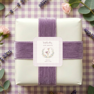 Lavender Gingham Goose Envelope Seal LPM26 Vierkante Sticker