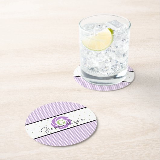 Lavender Gingham Monogrammed Ronde Kartonnen Onderzetter (Insitu)