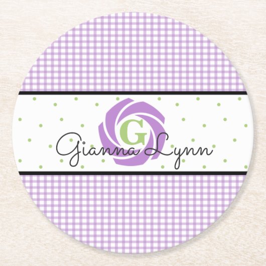 Lavender Gingham Monogrammed Ronde Kartonnen Onderzetter (Voorkant)