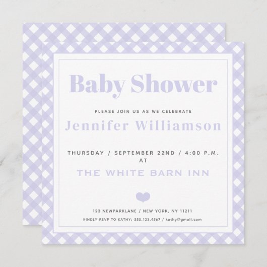 Lavender Gingham Pattern Baby shower Invitation Kaart (Voorkant / Achterkant)
