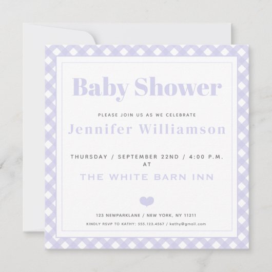 Lavender Gingham Pattern Baby shower Invitation Kaart (Voorkant)