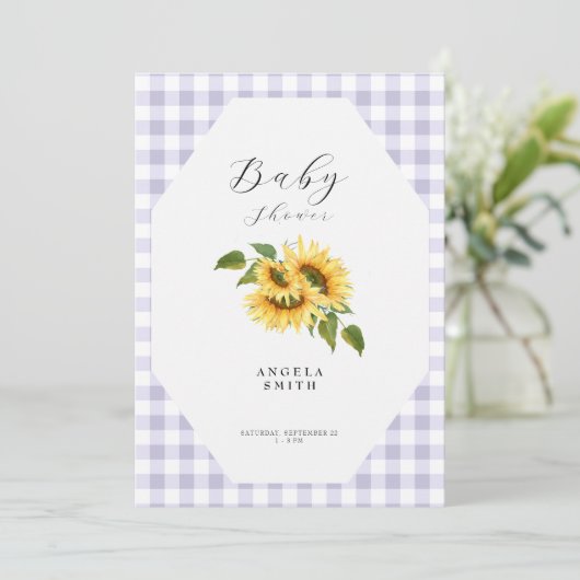 Lavender Gingham Sunflower Generic Baby shower Kaart (Staand voorkant)