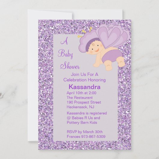 Lavender Glitter Baby Butterfly Shower Invite Kaart (Voorkant)