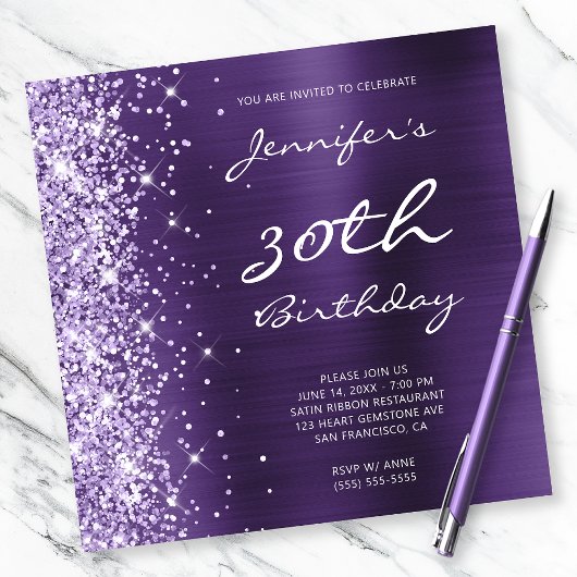 Lavender Glitter Dark Violet Folie 30th Birthday Kaart