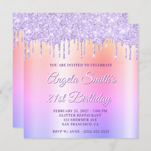 Lavender Glitter Drips Shimmer Drop Shadow Kaart (Voorkant / Achterkant)