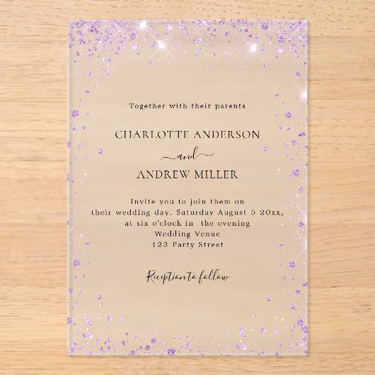 Lavender glitter evening clear wedding  acryl uitnodigingen (Voorkant)