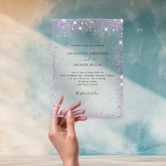Lavender glitter evening clear wedding  acryl uitnodigingen