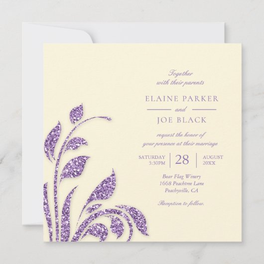 Lavender Glitter Leaves Spring Wedding Invite Kaart (Achterkant)