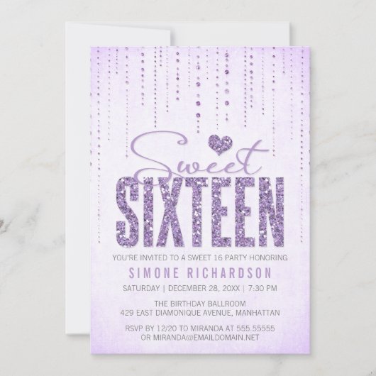 Lavender Glitter look Sweet 16 (zestien) Party Kaart (Voorkant)