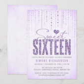 Lavender Glitter look Sweet 16 (zestien) Party Kaart (Voorkant / Achterkant)