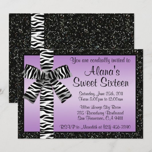 Lavender Glitter nodigt uit met Zebra Print Bow Kaart (Voorkant / Achterkant)