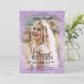 Lavender Glitter Photo Template Sweet 16 Party Kaart (Staand voorkant)