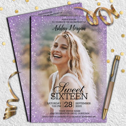 Lavender Glitter Photo Template Sweet 16 Party Kaart