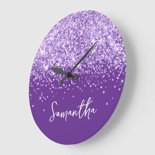 Lavender Glitter Royal Paarse Script Naam Grote Klok (Hoek)