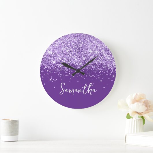 Lavender Glitter Royal Paarse Script Naam Grote Klok (Huis)